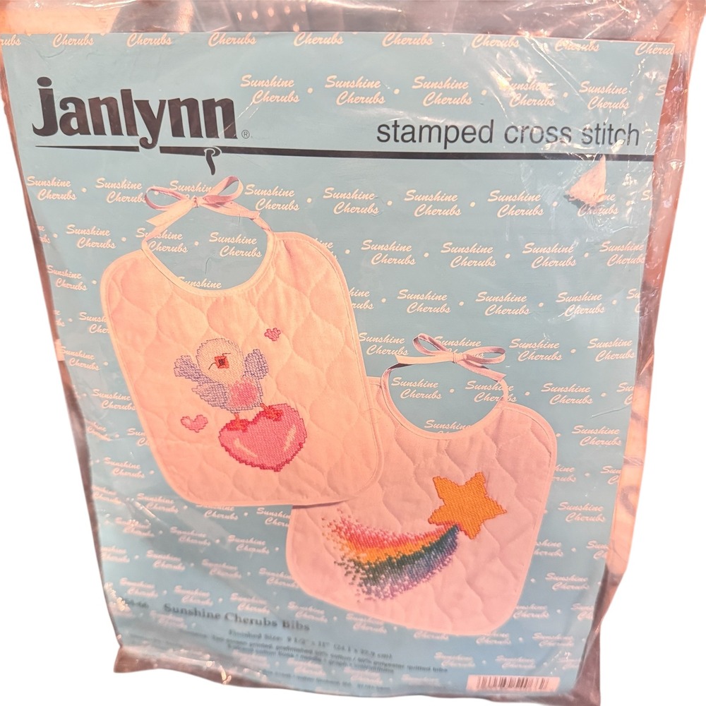 Janlynn Stamped Cross Stitch Kit Sunshine Cherubs Bibs 2pk 54-66 Vintage 1995